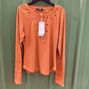 Miss Me Eyelet Ribbed Long Sleeve Lightweight Blouse Shirt Top Size M